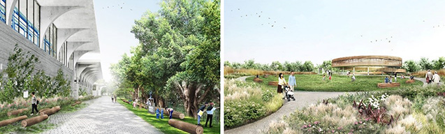元朗淨水設施公共休憩設施河畔步道 (左) 及觀景台及園景平台構想圖